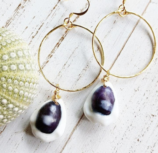 Purple Money Cowry Hoops| Cowrie Hoop Earrings| Medium Hoops| Gold Jewelry| Cowrie Shell Jewelry| Hoop Earring with Cowrie Shell (Pack of 3) SRP $12.00