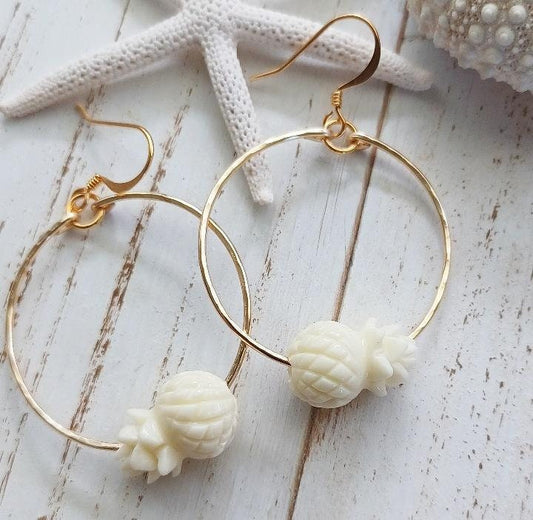 Cream Pineapple Earrings | Tropical | Fruit Earrings | Medium Hoop | Luau Jewelry (Pack of 3) SRP $10.00