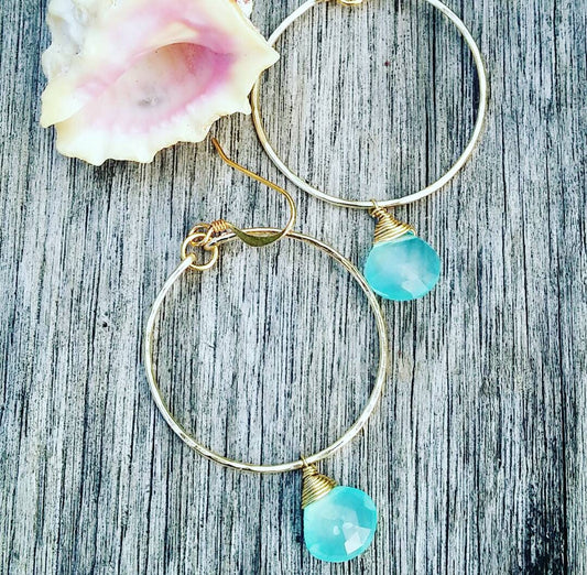 Aqua Chalcedony Teardrop Briolette Earrings | Gemstone Jewelry | Teardrop Earrings | Gold Hoops | Wire Wrapped Jewelry Gifts for Her (Pack of 3) SRP $20.00