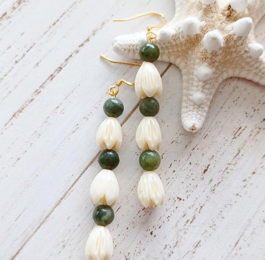 Pikake Flower Green Jade Dangle | Small Flower Earrings | Hawaiian Flower Earrings | Jasmine | Natural | Gold | Silver (Pack of 3) SRP $20.00