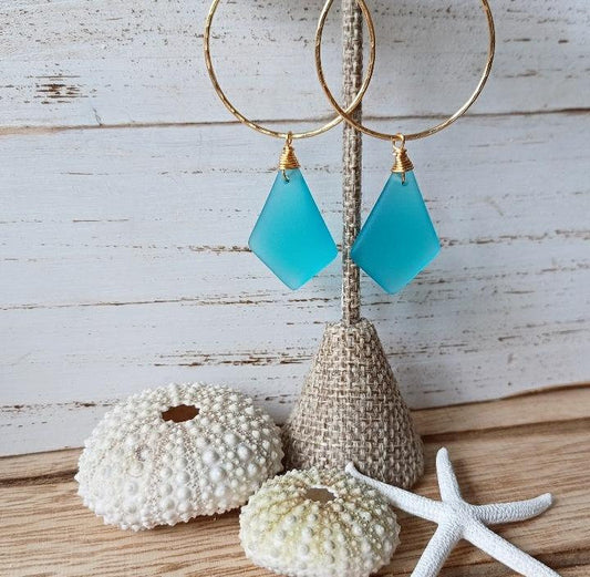 Sea Glass Hoop Earrings | Medium Hoops | Wire Wrapped Jewelry | Blue | Sea Glass Jewelry | Gold Hoops (Pack of 3) SRP $12.00