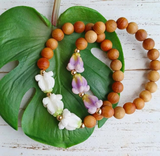 Sandalwood Bracelets | Crown Flower | Aromatic | Stacking bracelets | White | Purple | Stretchy Bracelets 8mm (Pack of 3) SRP $45.00