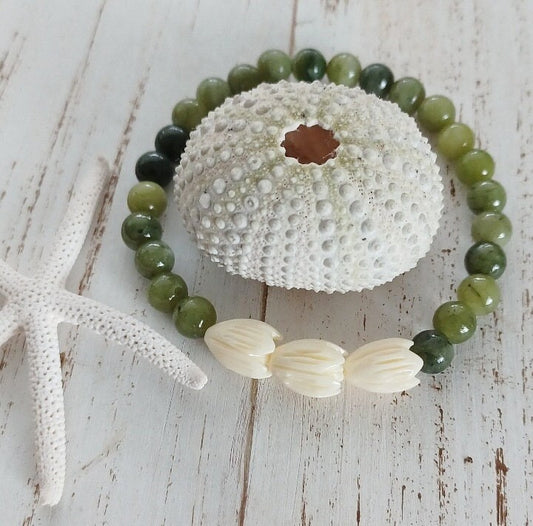 Pikake Beaded Bracelets | Green Jade | Jasmine flower | Gemstone Beads | Stretchy Bracelet (Pack of 3) SRP $34.00