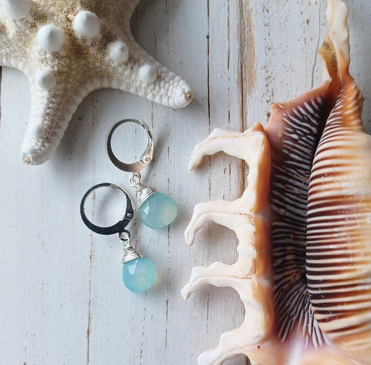 Aqua Chalcedony Teardrop Briolette Earrings | Lever backs | Small | Gemstone Jewelry | Teardrop Earrings | Wire Wrapped Jewelry (Pack of 3) SRP $16.00