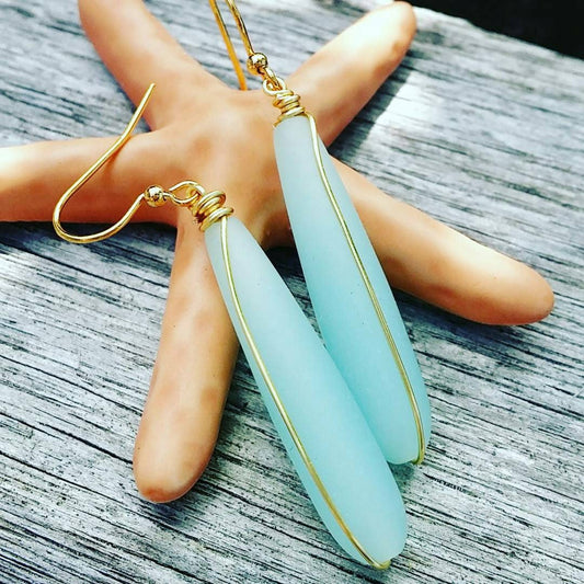 Sea Glass Earrings | Wire Wrapped Jewelry | Teardrop | Sea glass Jewelry | Matte Seafoam | Gold | Silver (Pack of 3) SRP $10.00