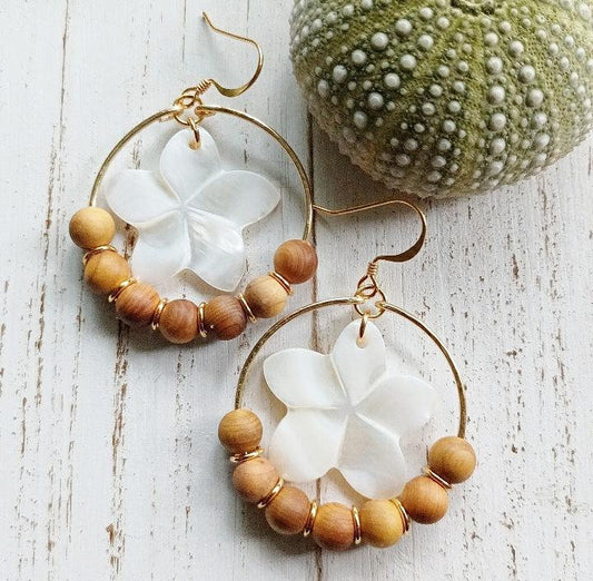 Mother Of Pearl Flower | Sandalwood | Hoop Earrings | Medium Hoops | Shell Jewelry | Beachy Jewelry | Gold | Silver (Pack of 3) MOP SRP $24.00 Sandalwood SRP $10.00
