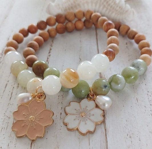 Cherry Blossom Flower Bracelets | Sandalwood | Jade | Gemstone | Stretchy Bracelets (Pack of 3) SRP $34.50