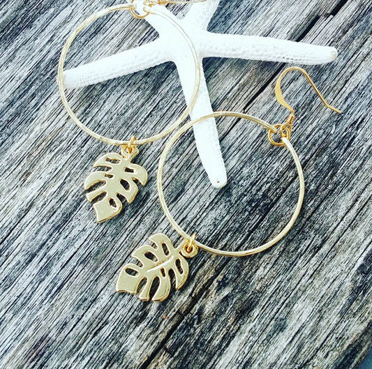 Monstera Hoops Earrings | Tropical Leaf Hoop Earrings | Gold Monstera Hoop | Women Earrings | Natured Inspired Floral Leaves (Pack of 3) SRP $10.00