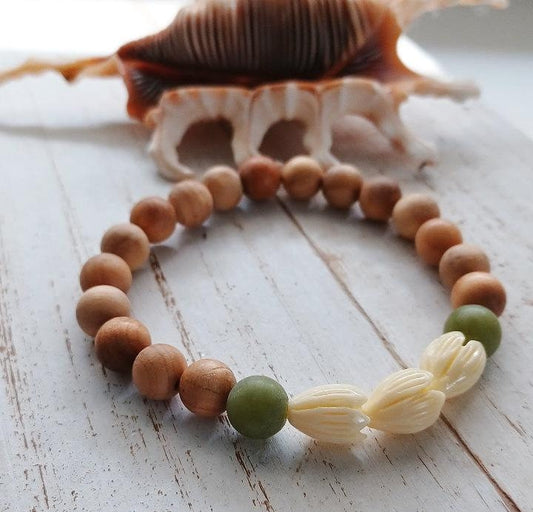 Pikake Beaded Bracelets | Green Jade | Jasmine flower | Gemstone Beads | Stretchy Bracelet | Sandalwood (Pack of 3) SRP $26.50