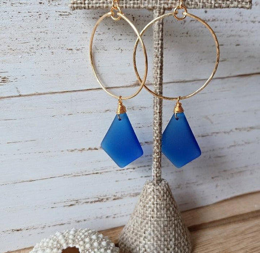Sea Glass Hoop Earrings | Medium Hoops | Wire Wrapped Jewelry | Blue | Sea Glass Jewelry | Gold Hoops (Pack of 3) SRP $12.00