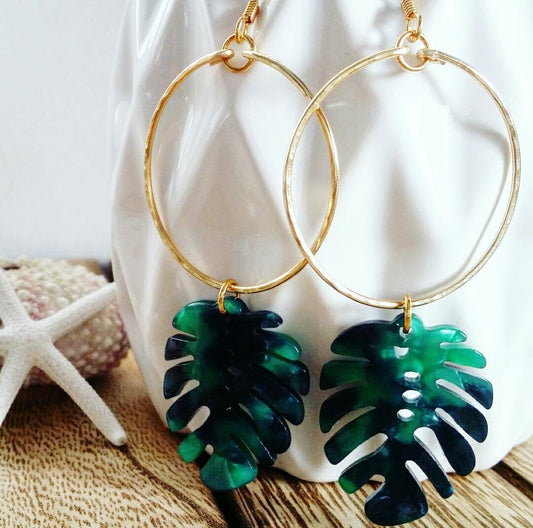 Monstera Earrings | Leaf Earrings | Tortoise Acrylic Monstera | Medium Hoops | Tropical | Gold Hoop Earring | Silver (Pack of 3) SRP $14.00