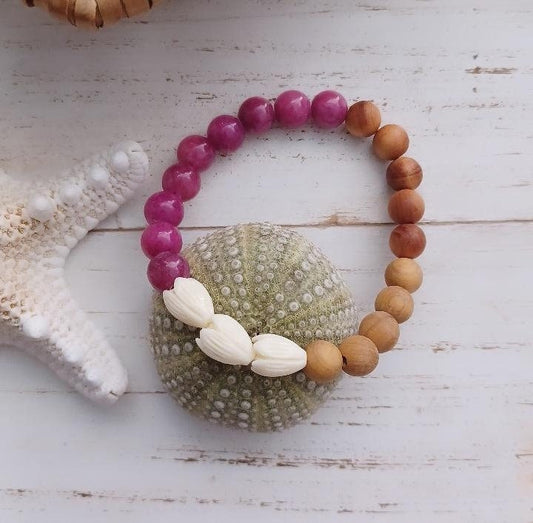 Pikake Beaded Bracelets | Pink Jade | Jasmine flower | Gemstone Beads | Stretchy Bracelet (Pack of 3) Jade SRP $22.50 Sandalwood SRP $25.00