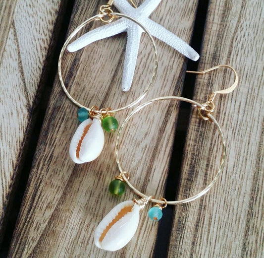 Cowrie Hoops| Cowry Hoop Earrings| Medium Hoops| Gold Jewelry| Cowrie Shell Jewelry | Sea Glass | Hoop Earring with Cowrie Shell (Pack of 3) SRP $12.00