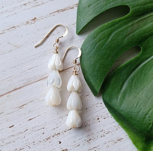 White Mother of Pearl Pikake Flower Dangle | Small Flower Earrings | Hawaiian Flower Earrings | Gold Filled | Sterling Silver (Pack of 3) GF SRP $58.00 SS.925 SRP $48.00