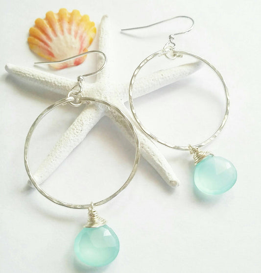 Aqua Chalcedony Briolette Hoop Earrings | Gemstone Jewelry | Medium Hoops | Silver (Pack of 3) SRP $18.00