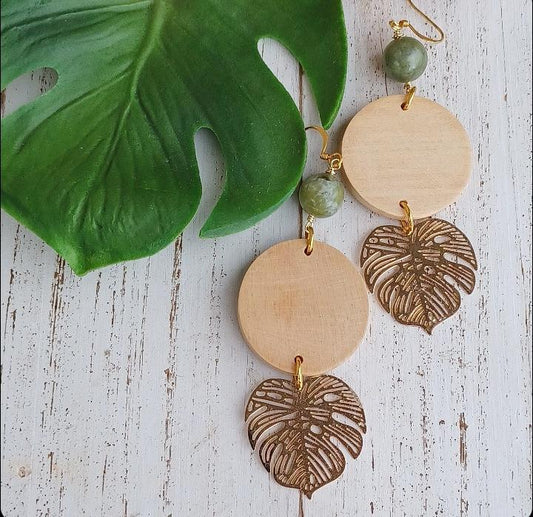 Wood Monstera Earrings | Green Jade | Leaf Earrings | Tropical | Beach | Gold (Pack of 3) SRP $18.00