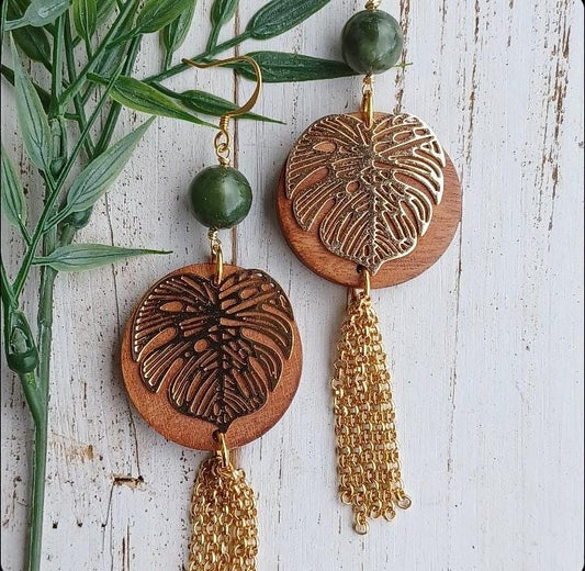 Wood Monstera Earrings | Green Jade | Leaf Earrings | Tropical | Beach | Gold (Pack of 3) SRP $24.00