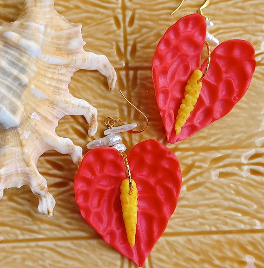 Red Anthurium Flower | Freshwater Pearls | Dangle | Small Flower Earrings | Hawaiian Flower Earrings | Gold (Pack of 3) SRP $25.00