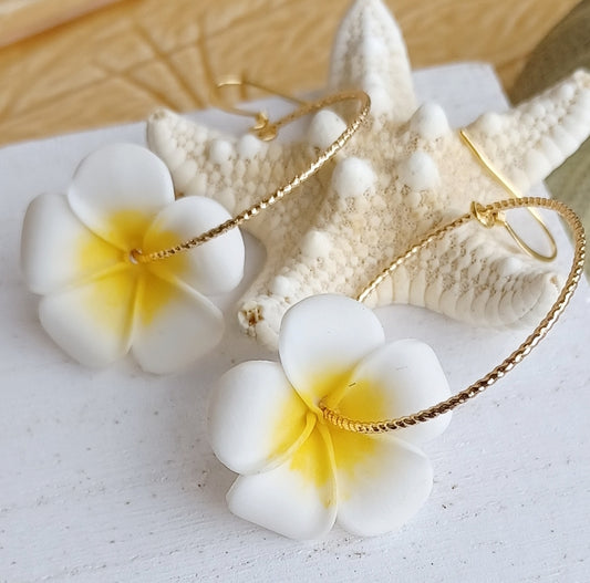 White Plumeria Flower | Yellow | Hoop Earrings | Small Flower Earrings | Hawaiian Flower Earrings | Gold | (Pack of 3) SRP $12.00