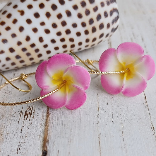 Pink Plumeria Flower | Hoop Earrings | Small Flower Earrings | Hawaiian Flower Earrings | Gold | (Pack of 3) SRP $12.00